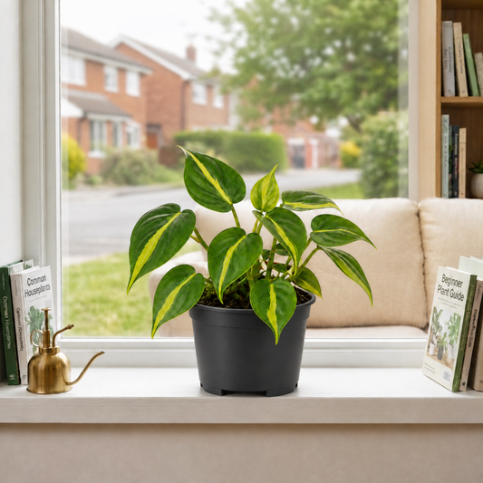 Philodendron 'Brasil' trailing houseplant with green and yellow variegated leaves.