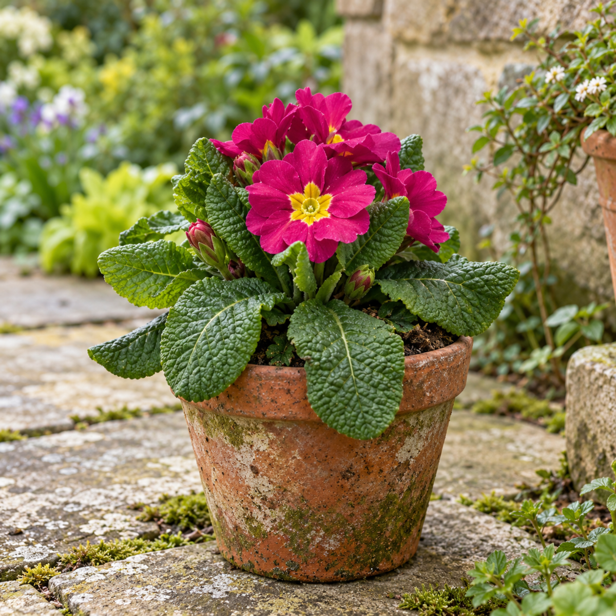 Rose-pink polyanthus flowers above deep green crinkled leaves.