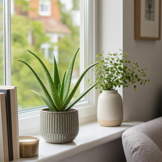 Aloe vera plant with thick, fleshy green leaves in a pot.