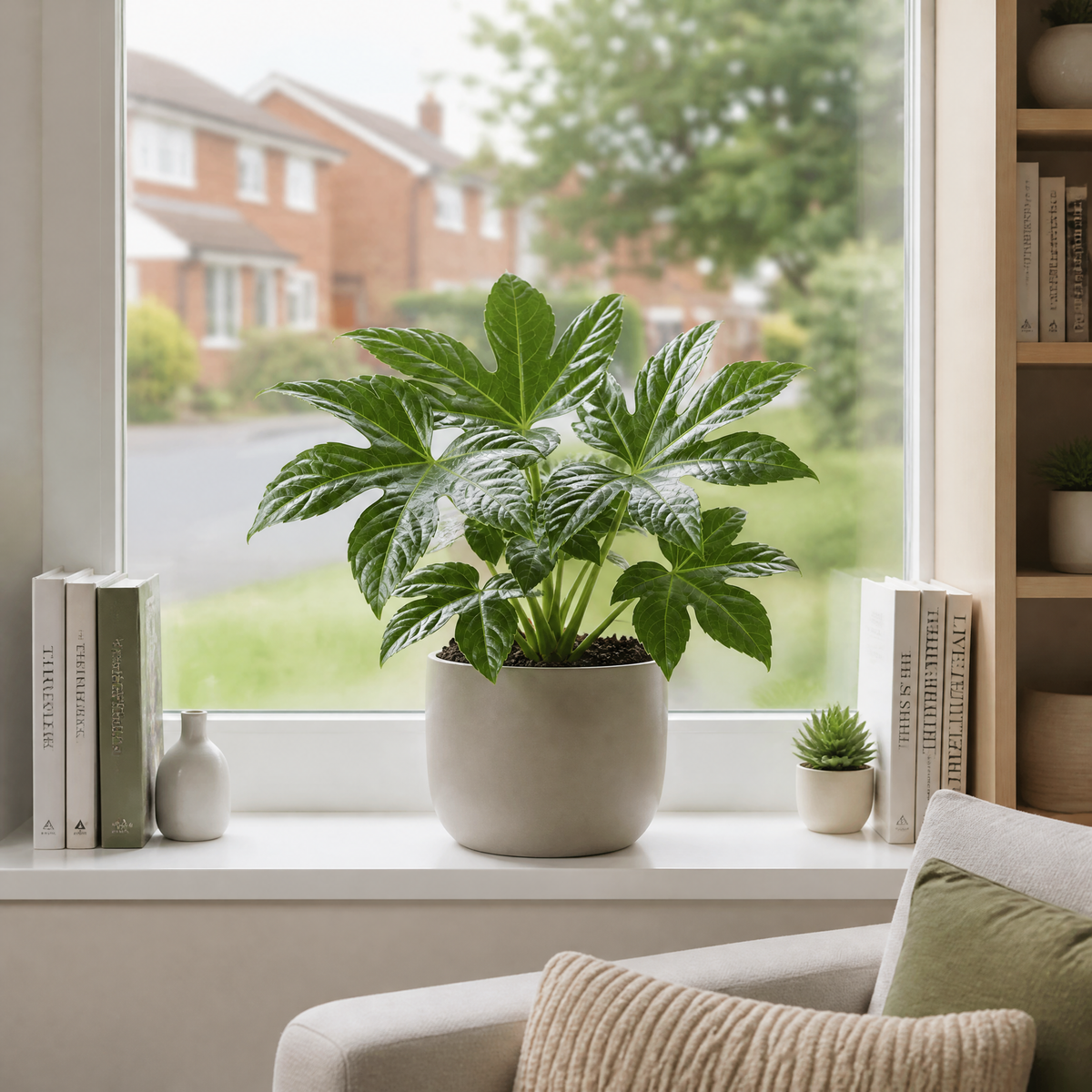 Fatsia japonica paper plant with large glossy green leaves.