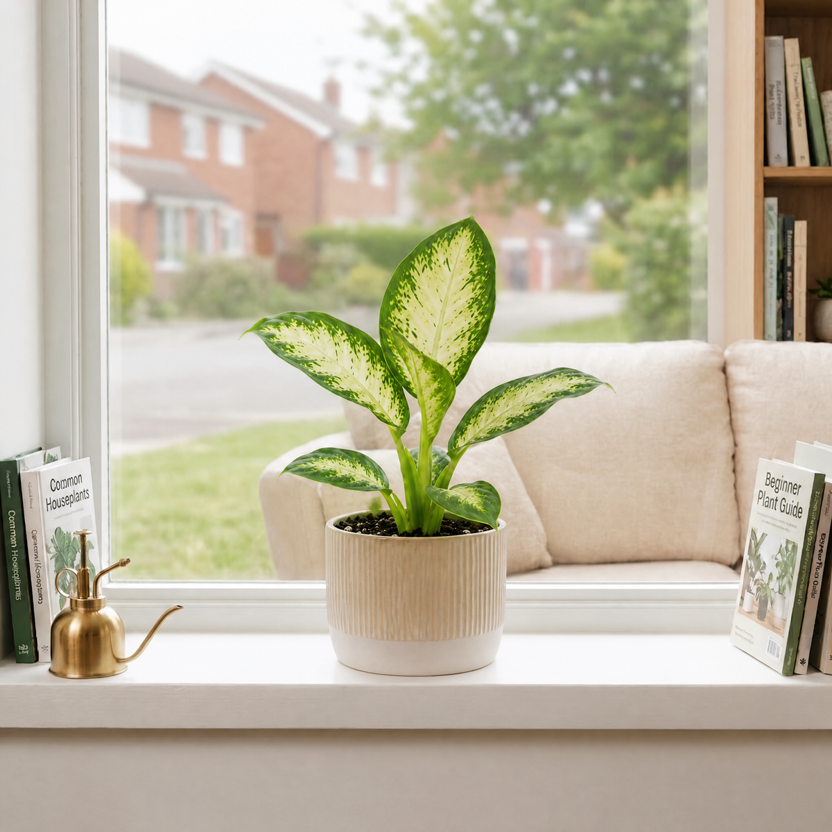 Dieffenbachia Dumb Cane houseplant with cream and green variegated leaves.