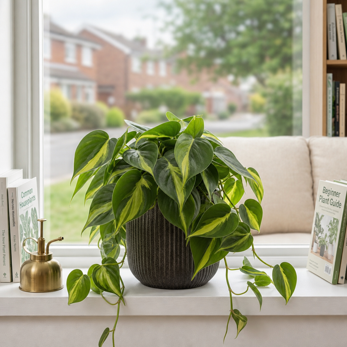 A Philodendron plant with green and lime-yellow variegated trailing leaves.
