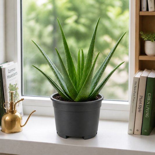 Aloe vera plant with fleshy green succulent leaves in a nursery pot.
