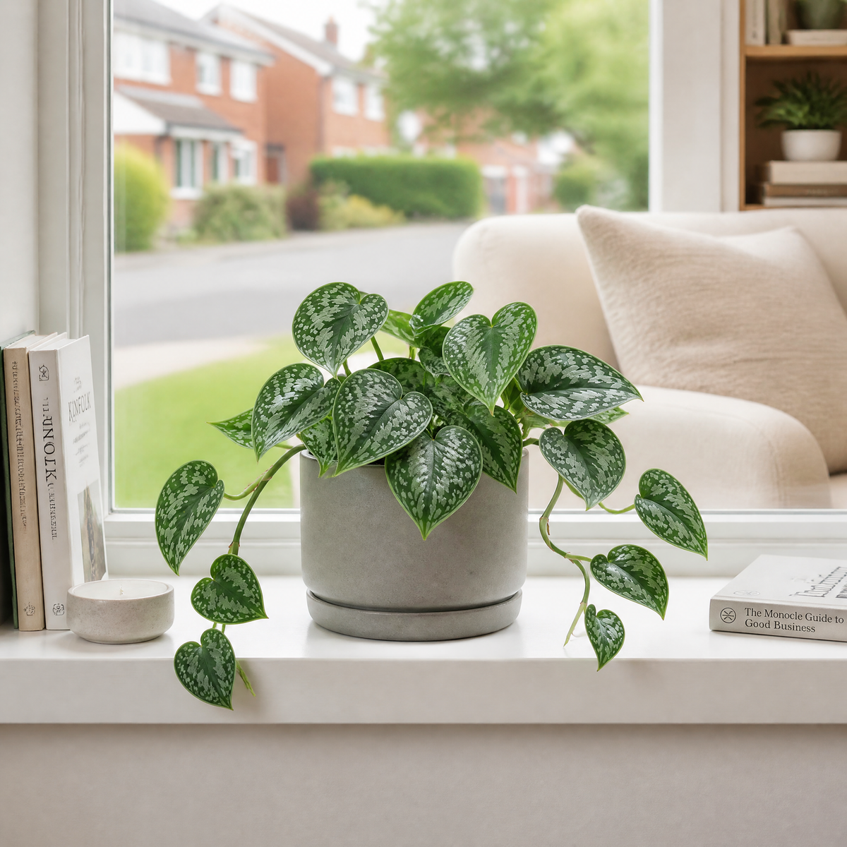 Satin Pothos houseplant with silver-variegated green trailing leaves.