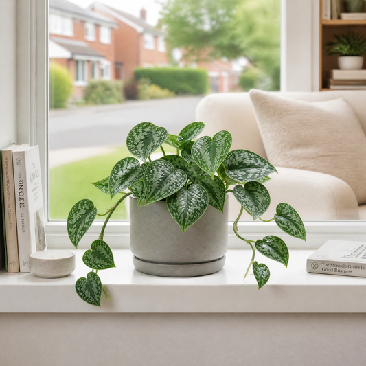 Satin Pothos houseplant with silver-variegated green trailing leaves.