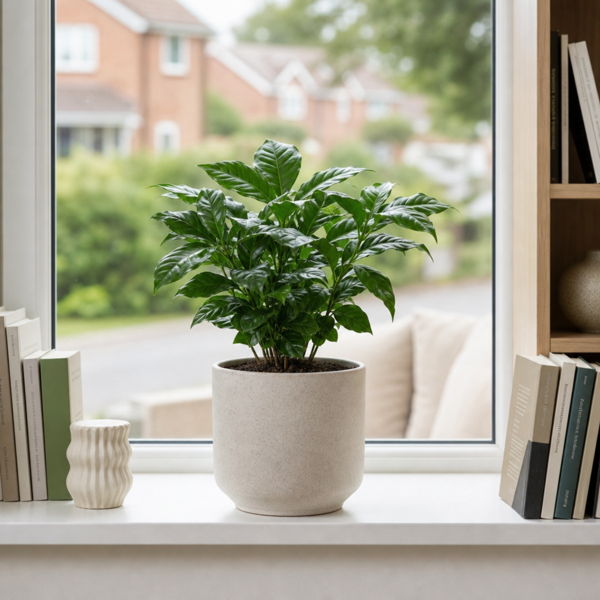 Coffea arabica coffee plant with glossy dark green leaves.