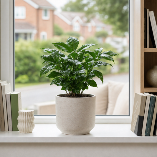 Coffea arabica coffee plant with glossy dark green leaves.