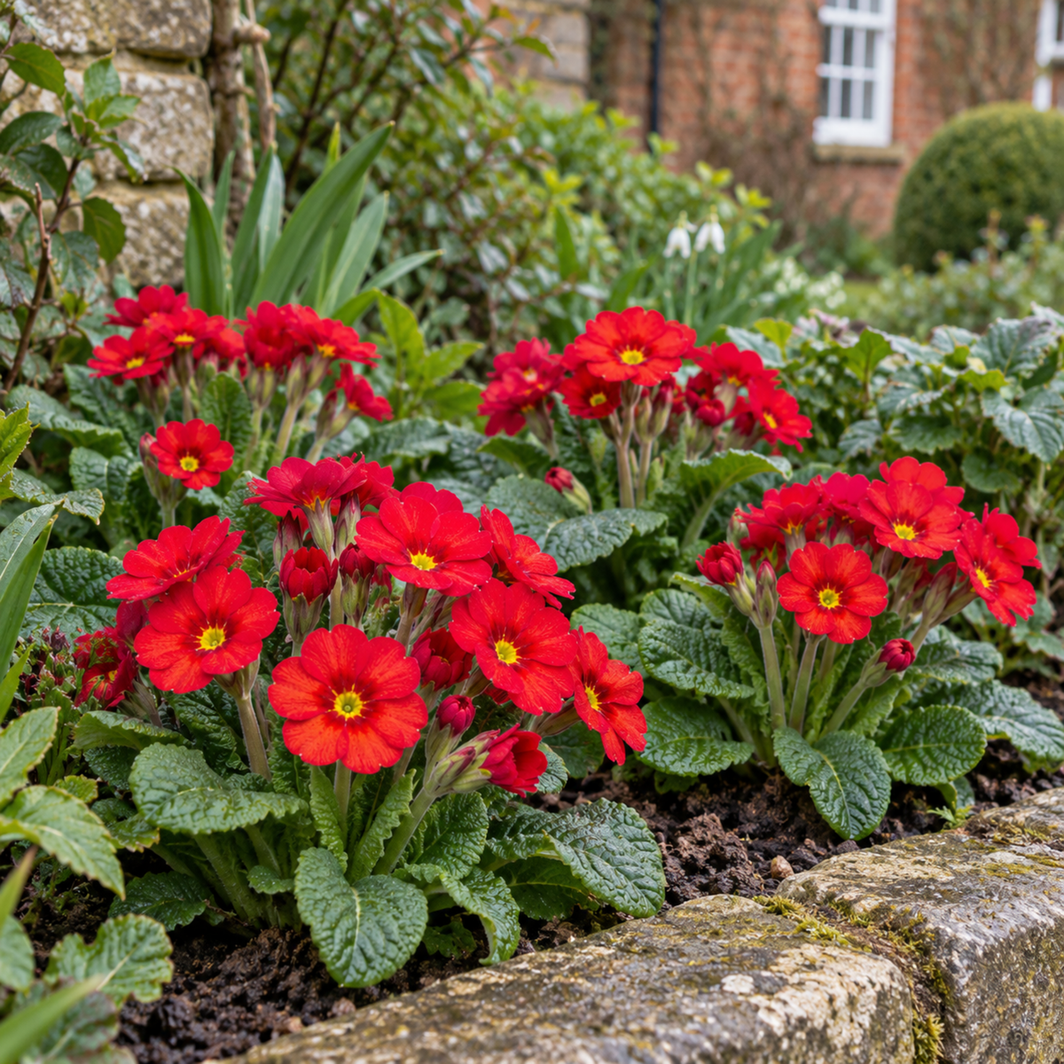 Polyanthus plants with vivid scarlet flowers and golden-yellow centres above green crinkled leaves.