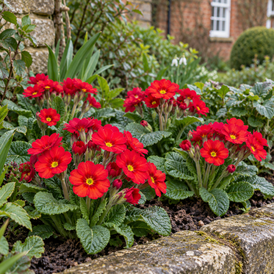 Polyanthus plants with vivid scarlet flowers and golden-yellow centres above green crinkled leaves.