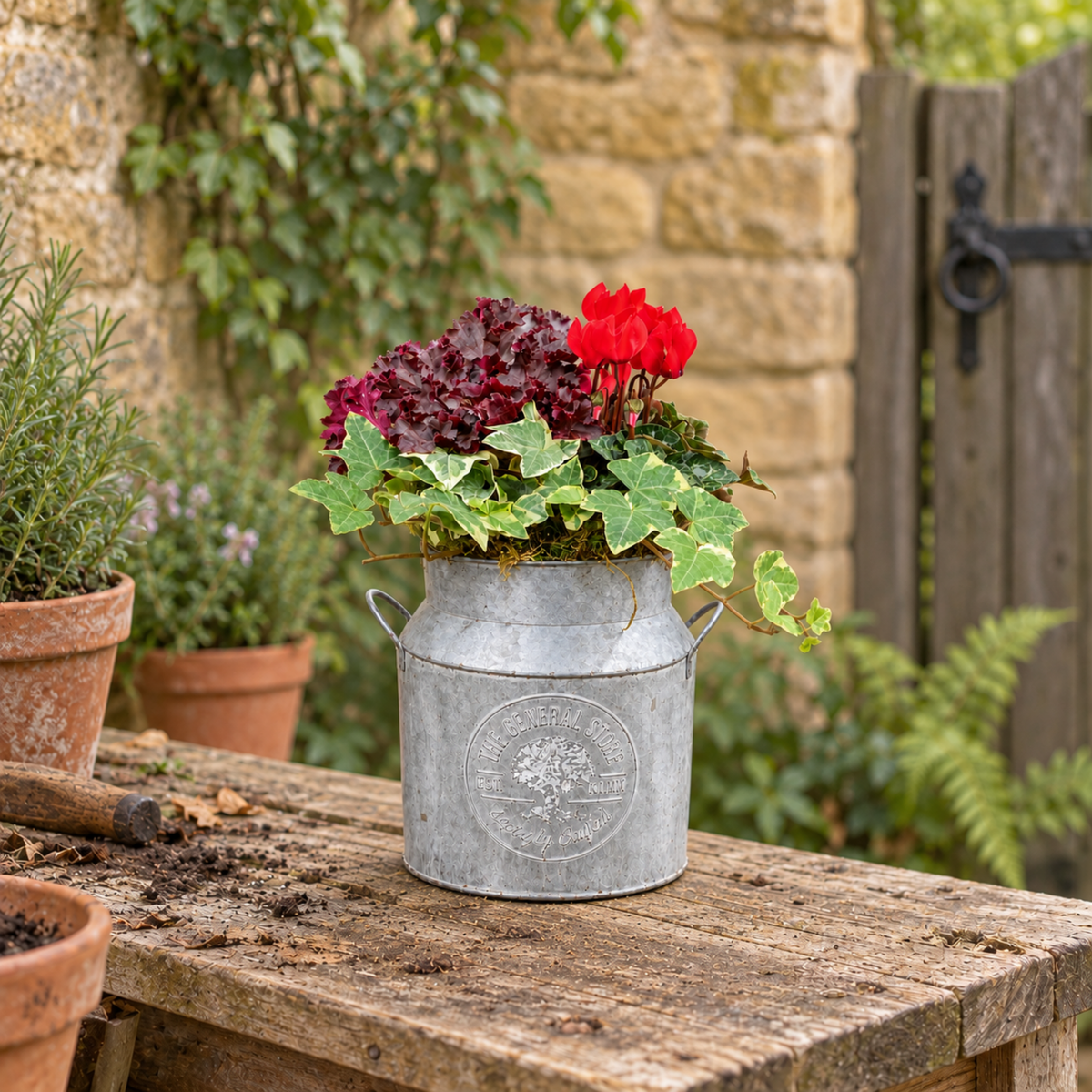 Ready-planted milk churn with ornamental foliage plants and Cyclamen flowers in autumn tones.