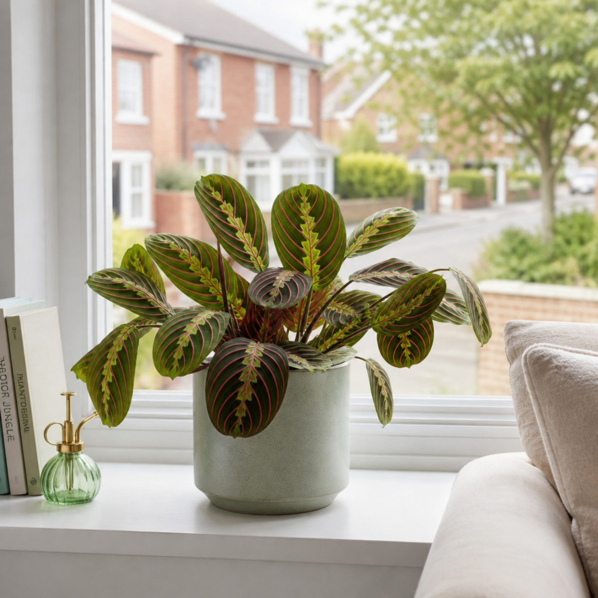 Maranta Fascinator prayer plant with deep green, red-veined leaves.
