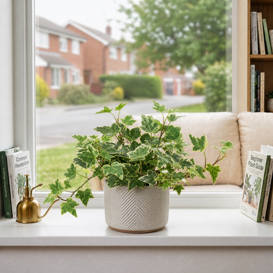 Variegated ivy plant with trailing cream and green leaves in a pot.