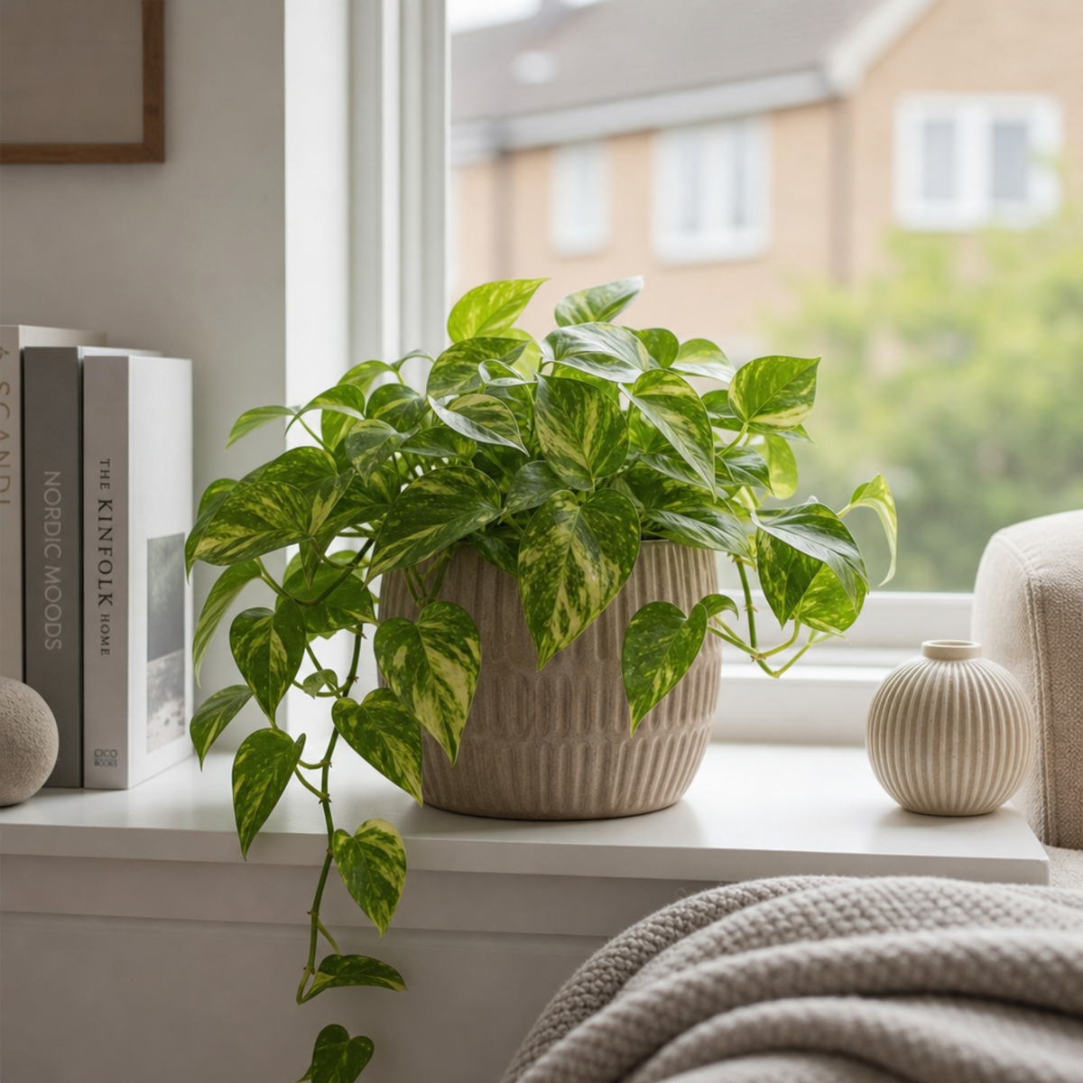 A trailing pothos plant with green and creamy-yellow variegated heart-shaped leaves.