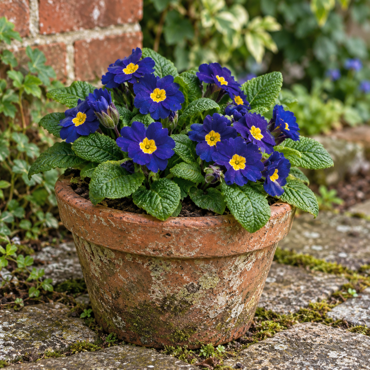 Blue polyanthus flowers with yellow centres above crinkled green leaves.