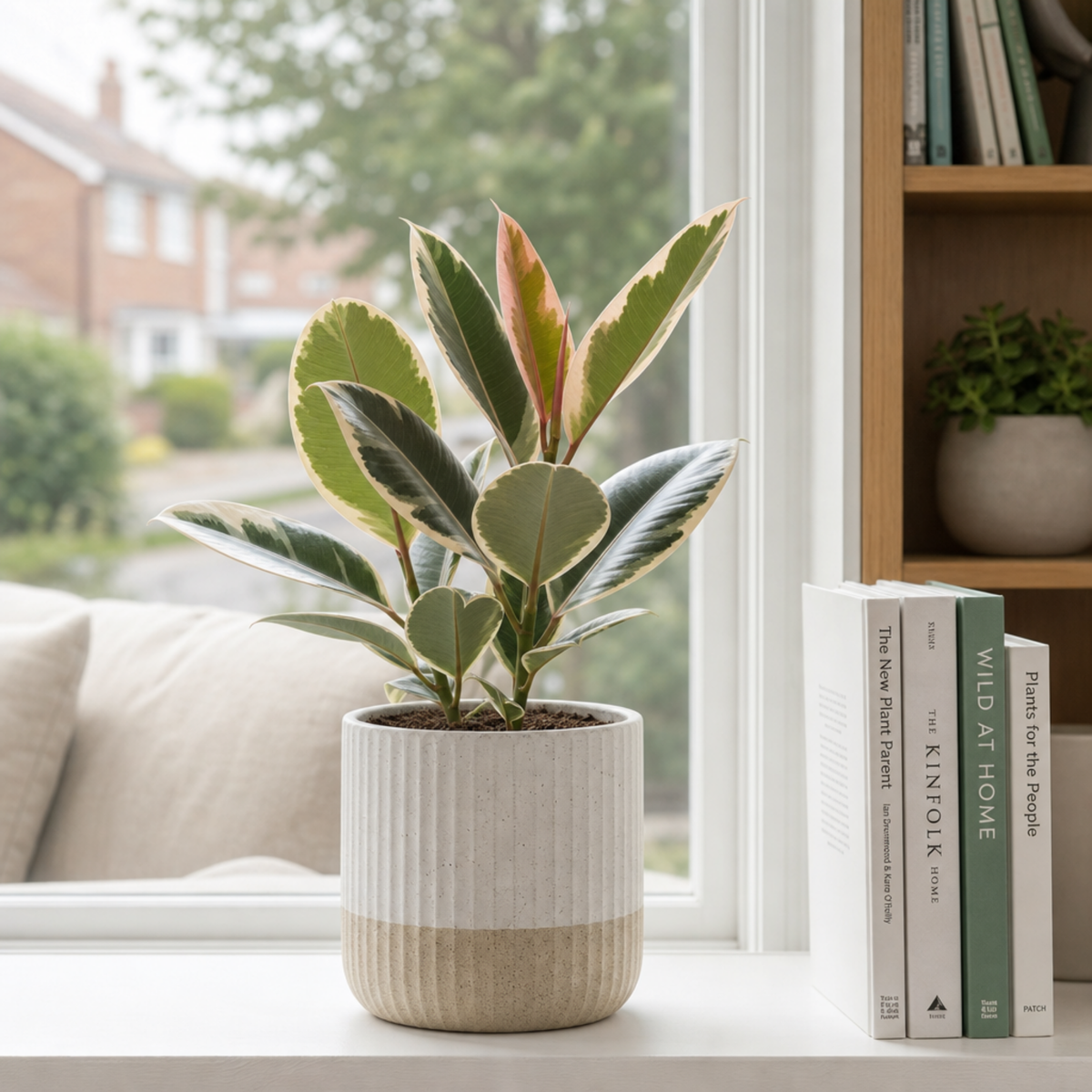 A Ficus elastica 'Tineke' variegated rubber plant with cream, green and pink leaves.