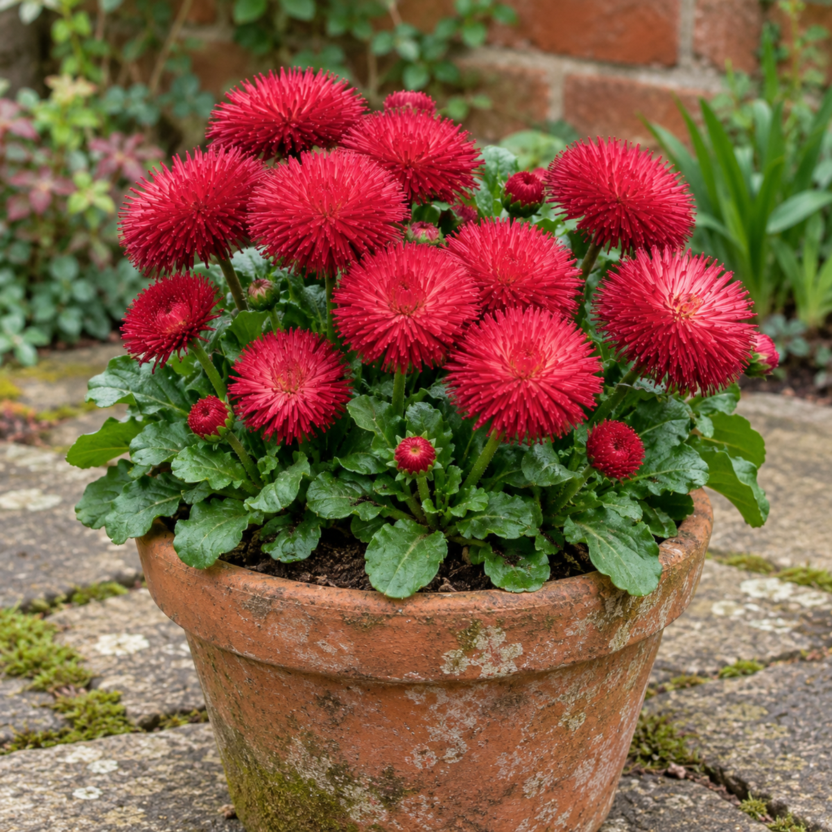 Red double pompom Bellis daisy flowers above bright green leaves.