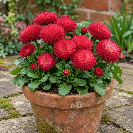 Red double pompom Bellis daisy flowers above bright green leaves.