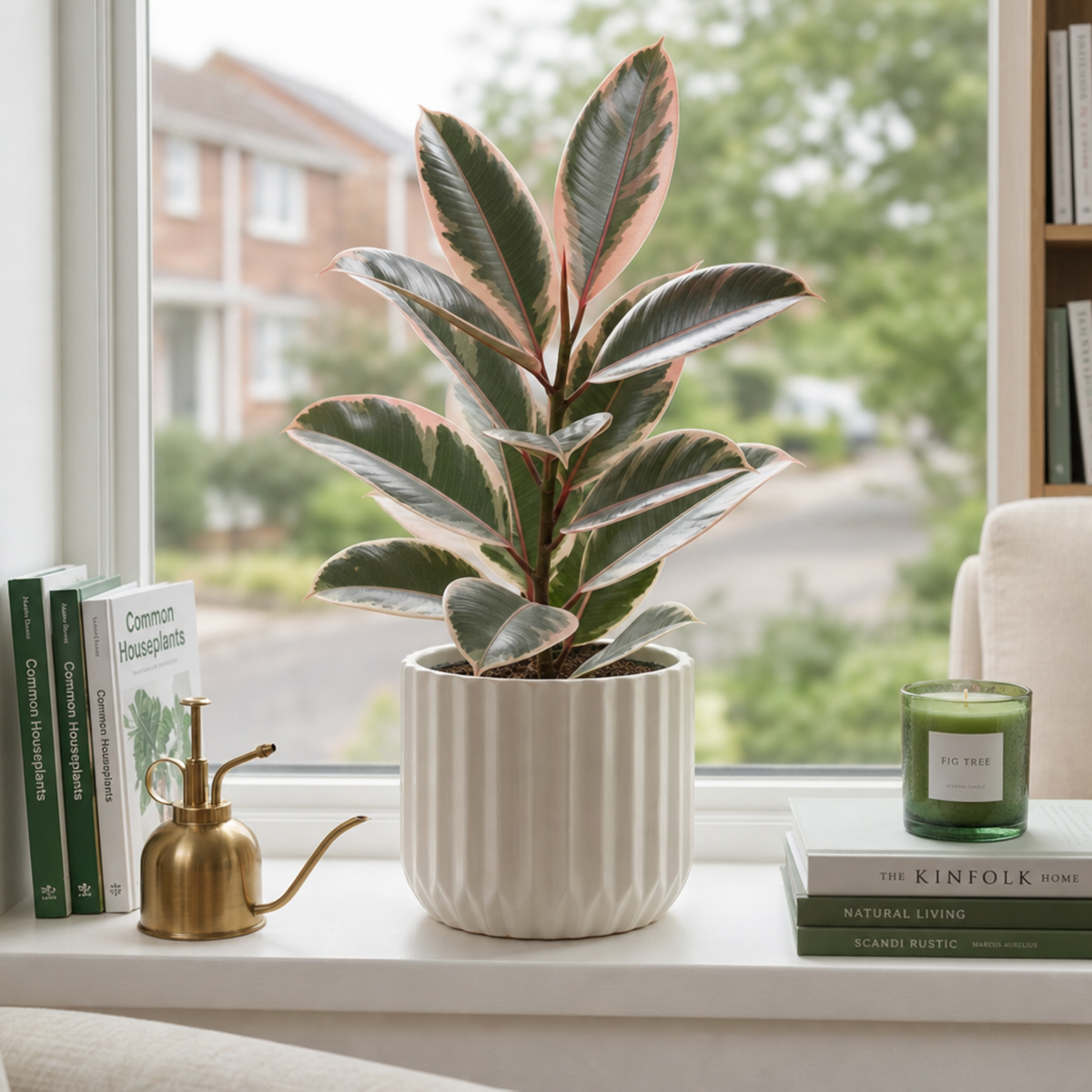 Ficus elastica 'Belize', a rubber plant with pink and green variegated leaves.