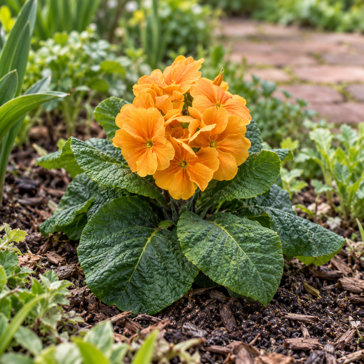 Orange polyanthus flowers with yellow centres above deep green leaves.