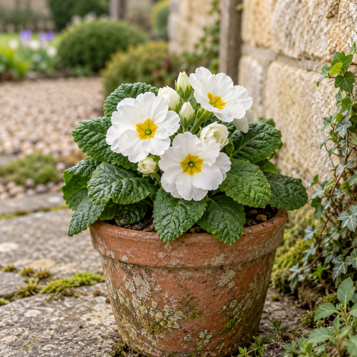 White polyanthus flowers with yellow centres above rosettes of green leaves.