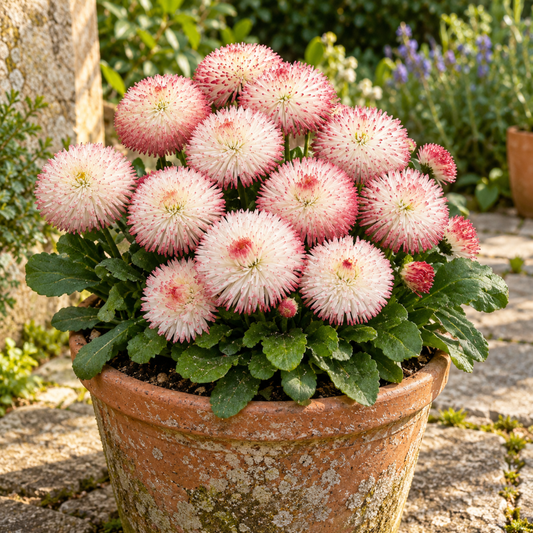 Double rose-pink English daisy flowers above dark green leaves.