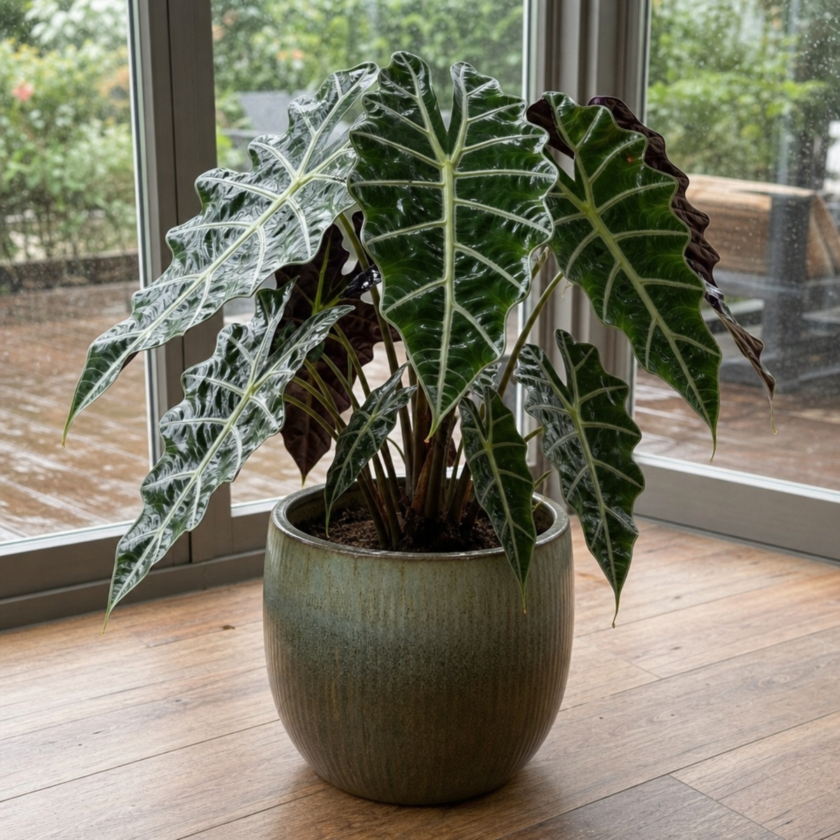 Alocasia Polly Elephant's Ear plant with deep green, white-veined leaves.