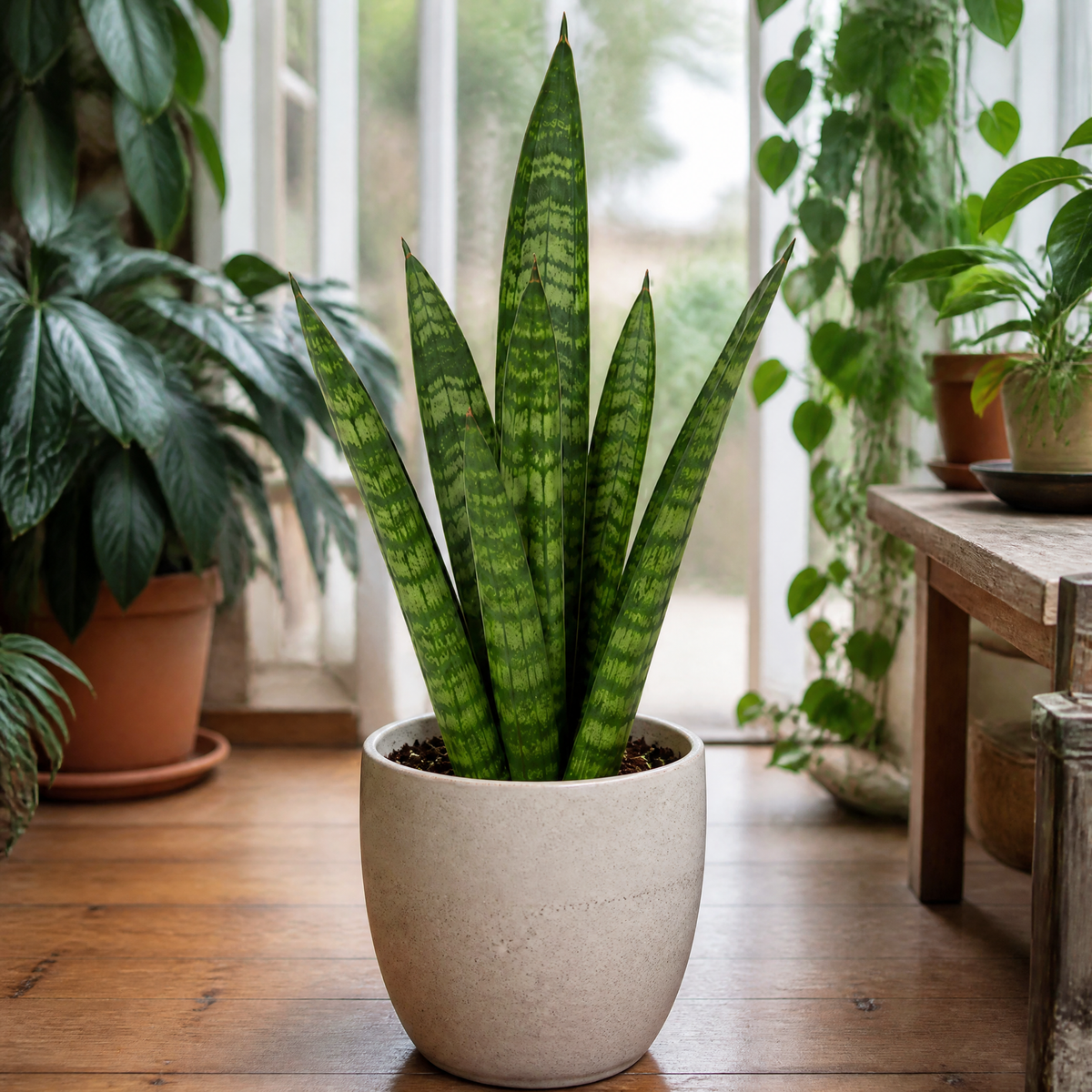 A snake plant with upright green leaves banded in creamy yellow, in a pot.