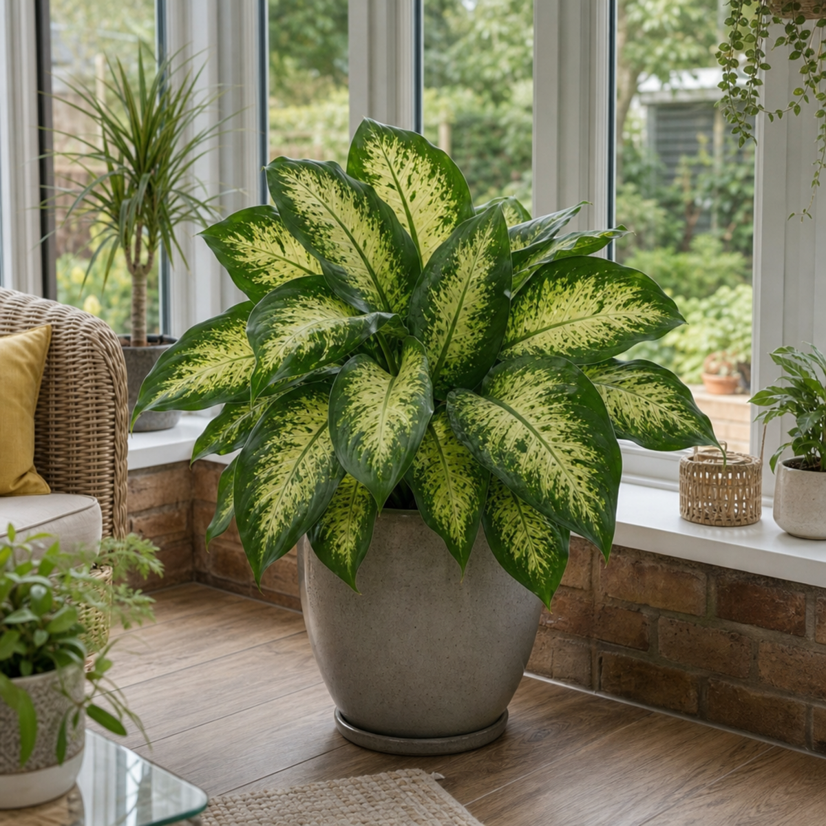 Dieffenbachia Dumb Cane houseplant with green and cream variegated leaves.