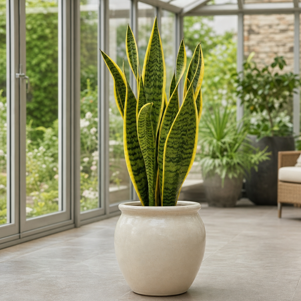 A variegated snake plant with dark green and yellow upright leaves in a pot.