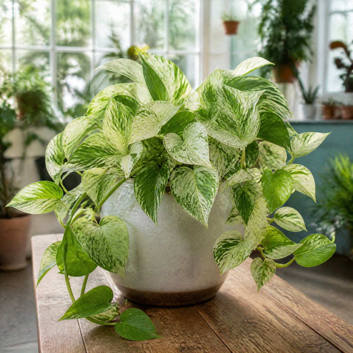 Marble Queen Pothos plant with green and white variegated trailing leaves.
