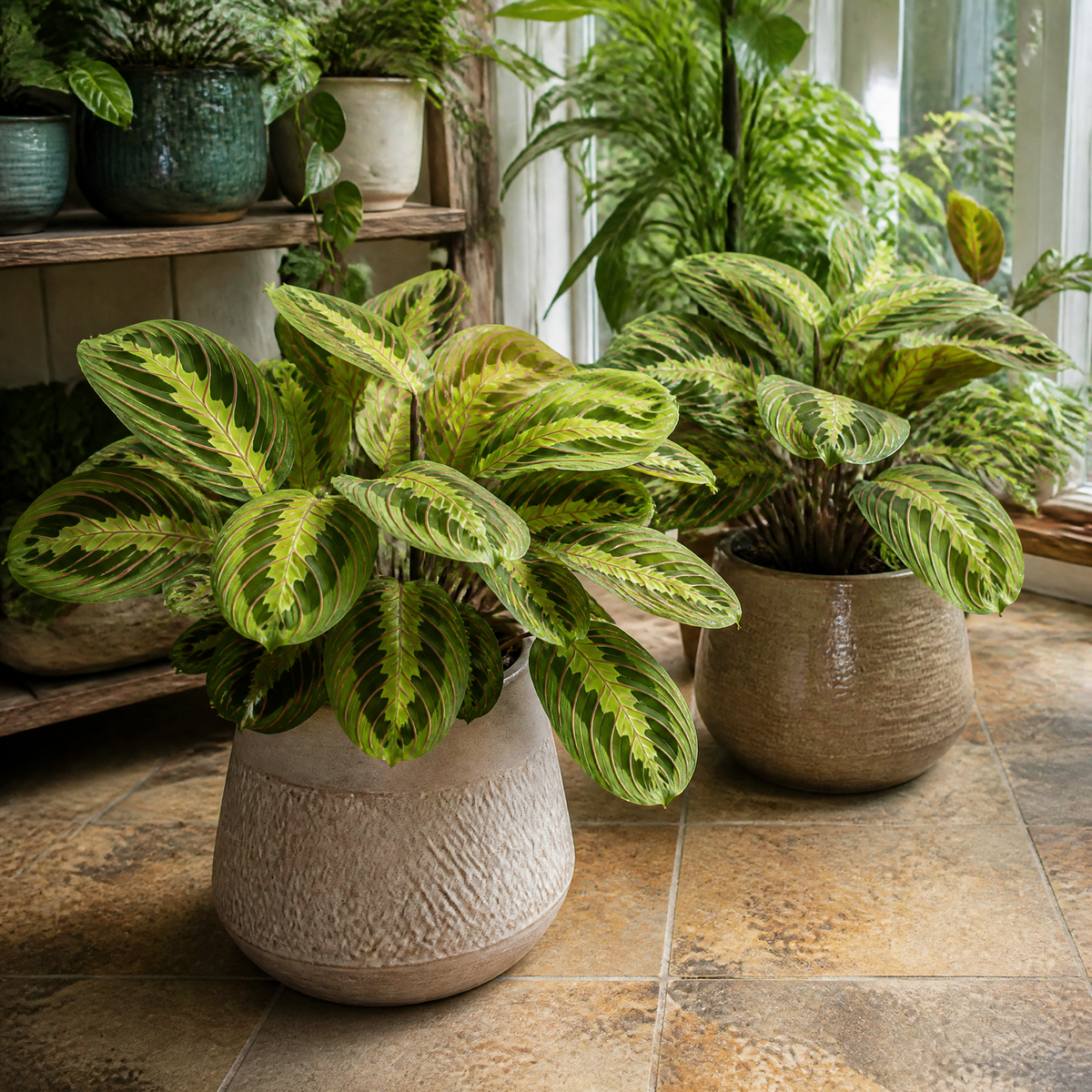 Maranta Lemon Lime Prayer Plant with lime green and yellow striped foliage.