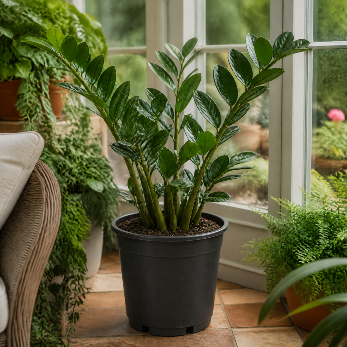 A ZZ Plant (Zamioculcas zamiifolia) with glossy dark green leaves.