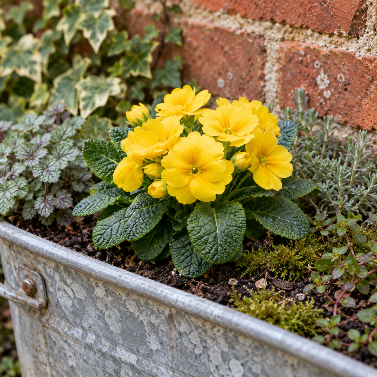 Bright yellow polyanthus flowers with green crinkled leaves.