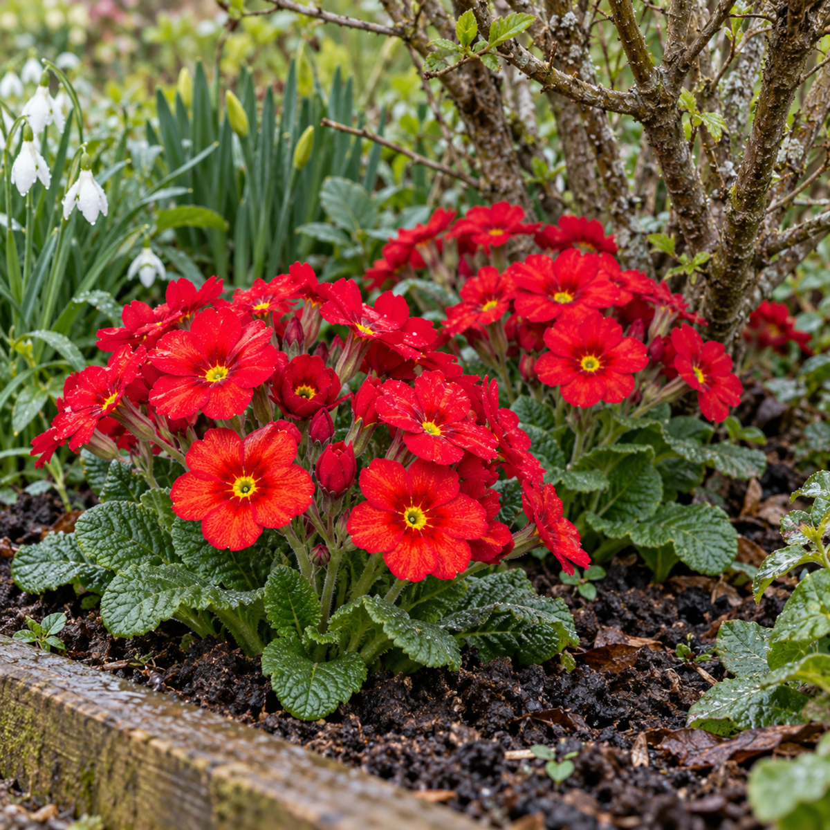 Polyanthus plants with vivid scarlet flowers and golden-yellow centres above green crinkled leaves.