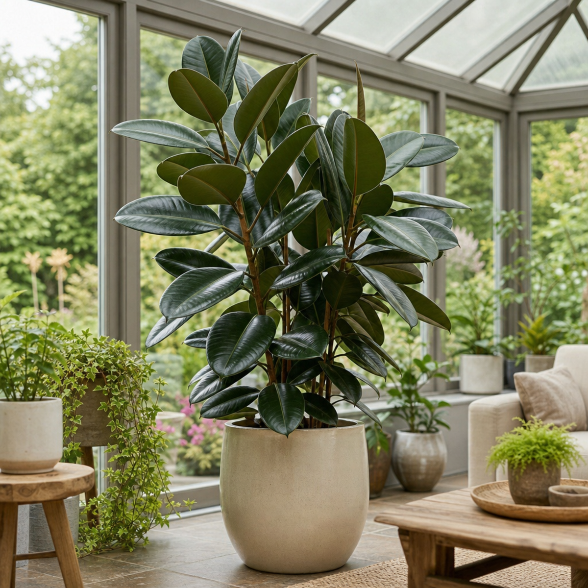 Ficus elastica 'Robusta' Rubber Plant with large glossy deep green leaves.