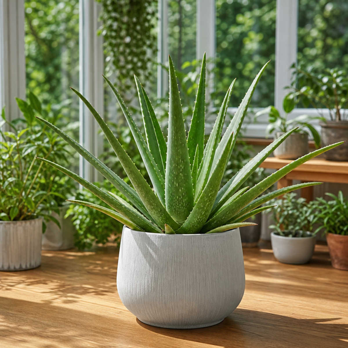 Aloe vera plant with thick, fleshy green leaves in a pot.