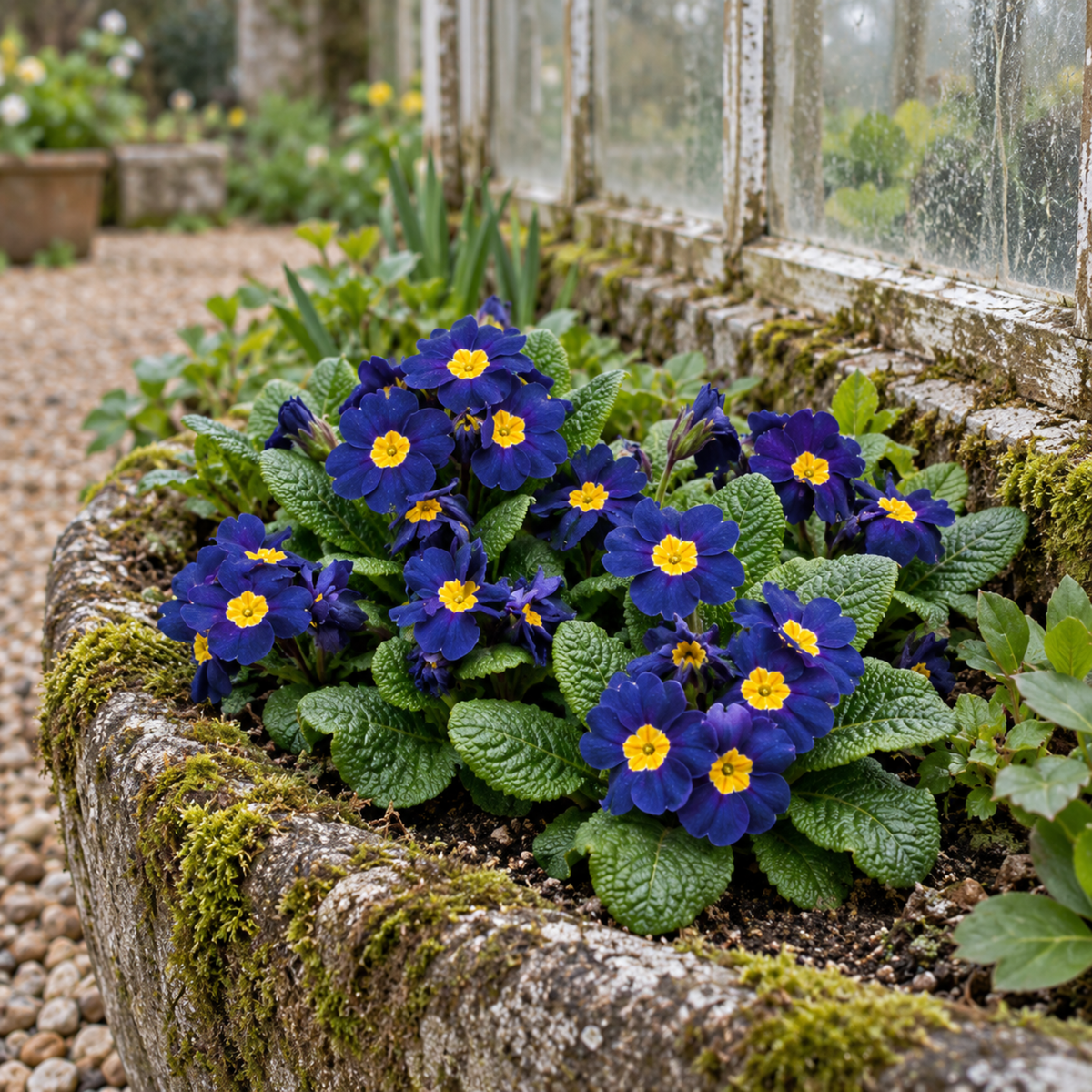 Blue polyanthus flowers with yellow centres above crinkled green leaves.