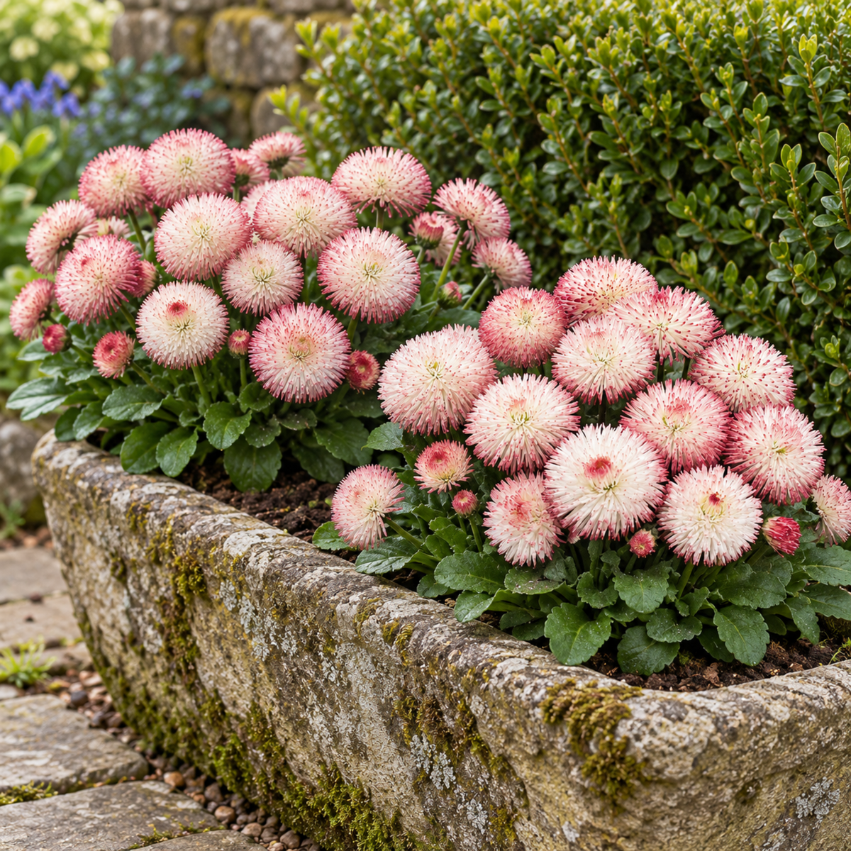 Double rose-pink English daisy flowers above dark green leaves.