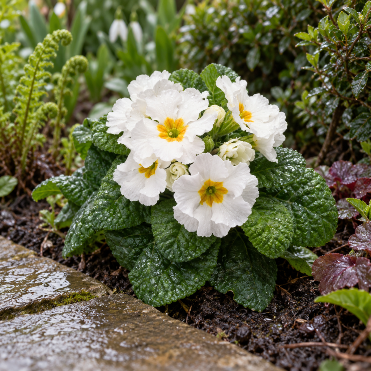 White polyanthus flowers with yellow centres above rosettes of green leaves.