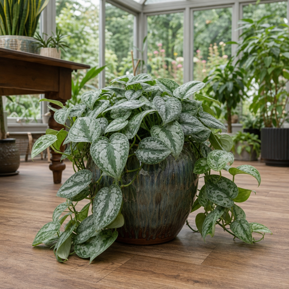 A trailing Scindapsus pictus 'Trebie' plant with dark green, silver-variegated leaves.