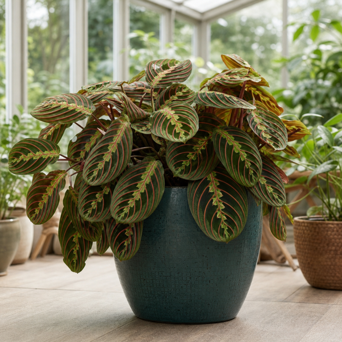Maranta Fascinator prayer plant with deep green, red-veined leaves.