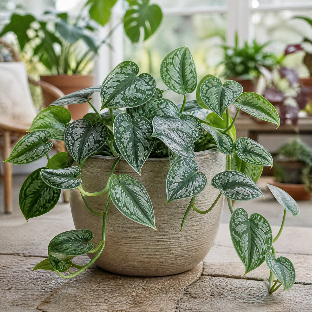 Satin Pothos houseplant with silver-variegated green trailing leaves.