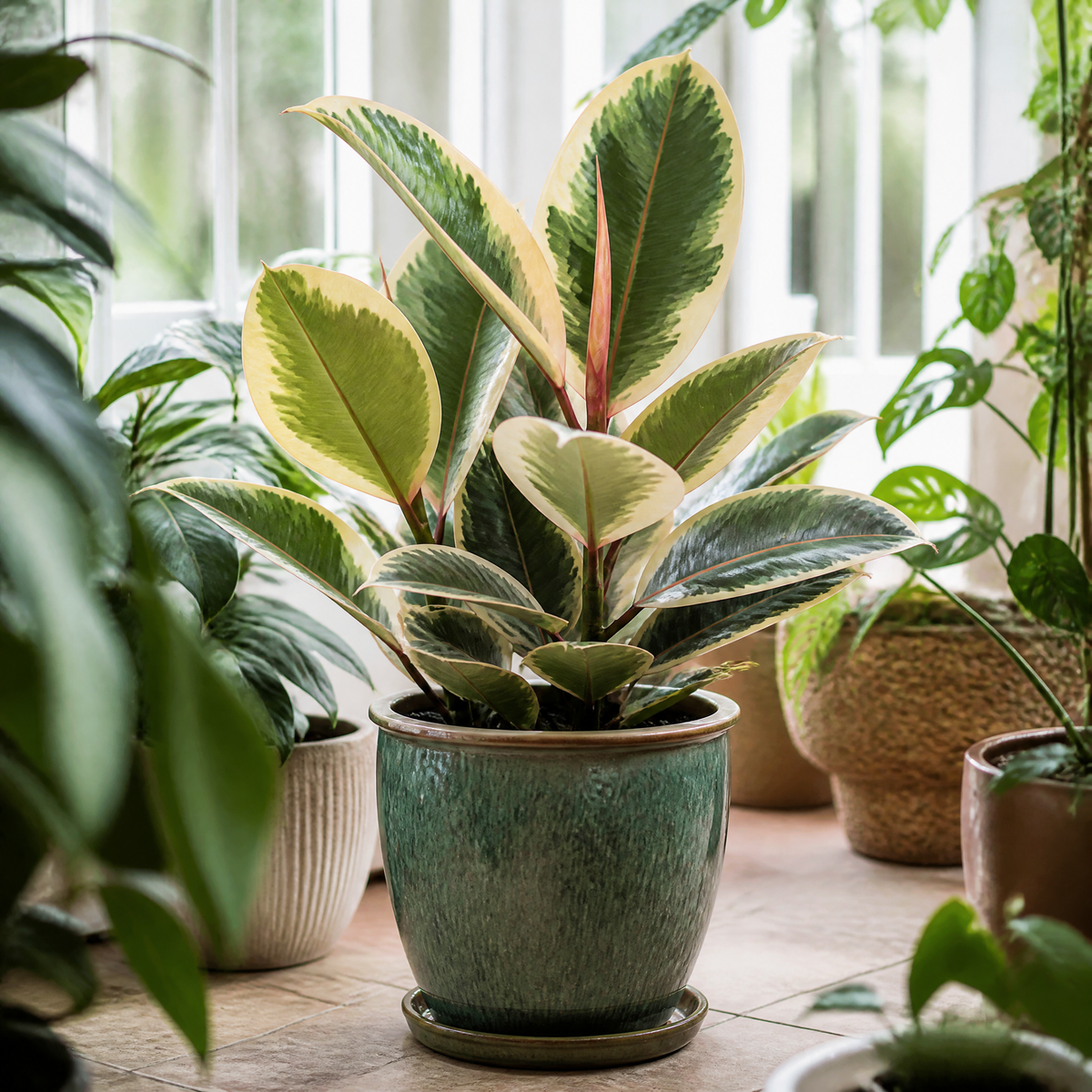 Ficus elastica 'Tineke' rubber plant with variegated cream, green and pink leaves.