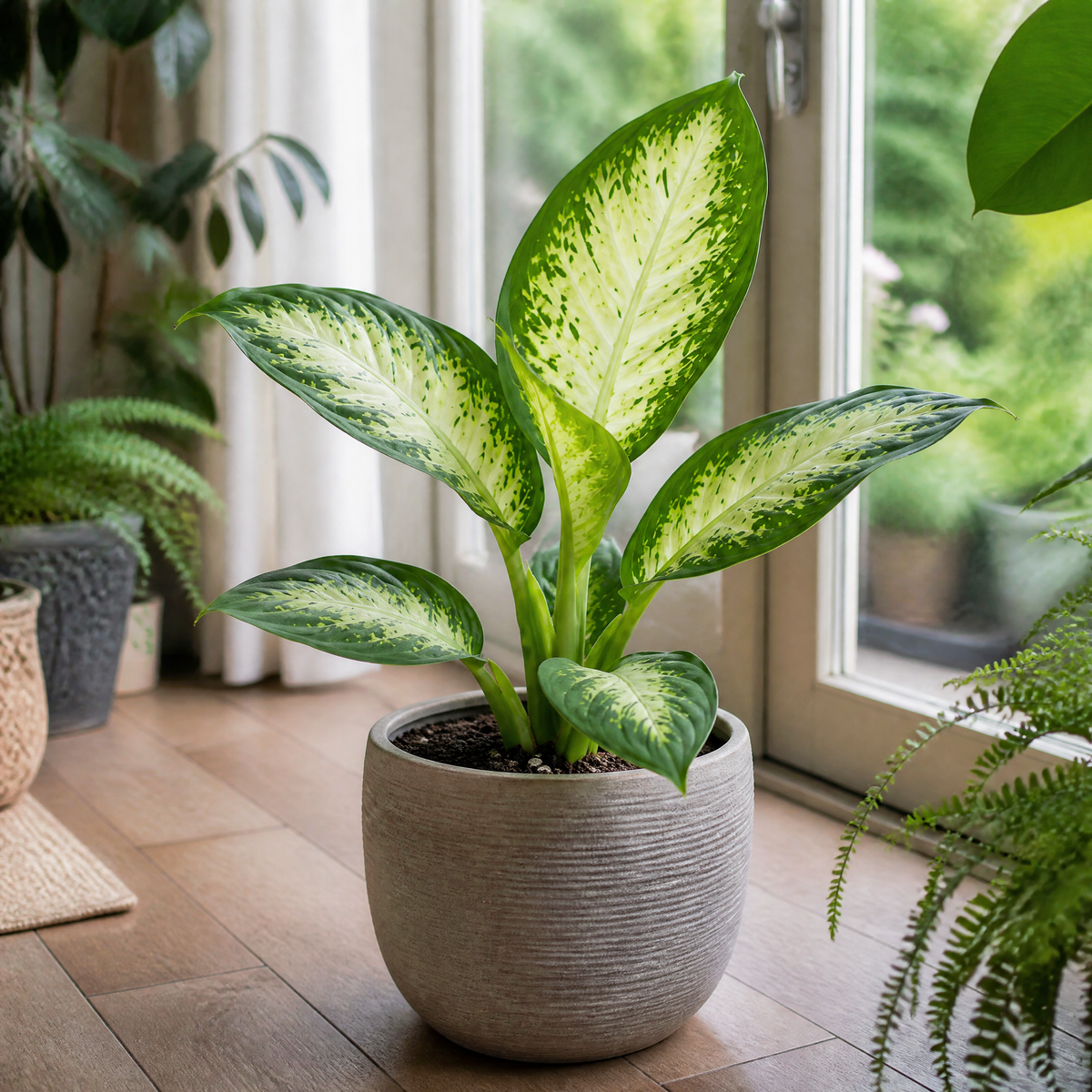 Dieffenbachia Dumb Cane houseplant with cream and green variegated leaves.