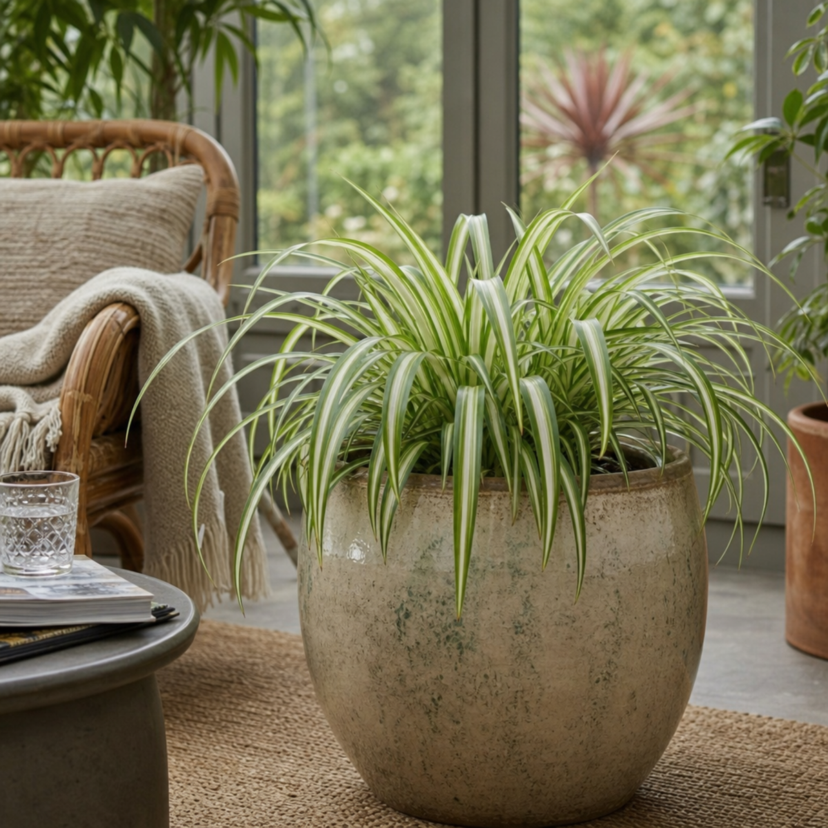 Variegated Spider Plant with creamy-white and green striped trailing leaves.