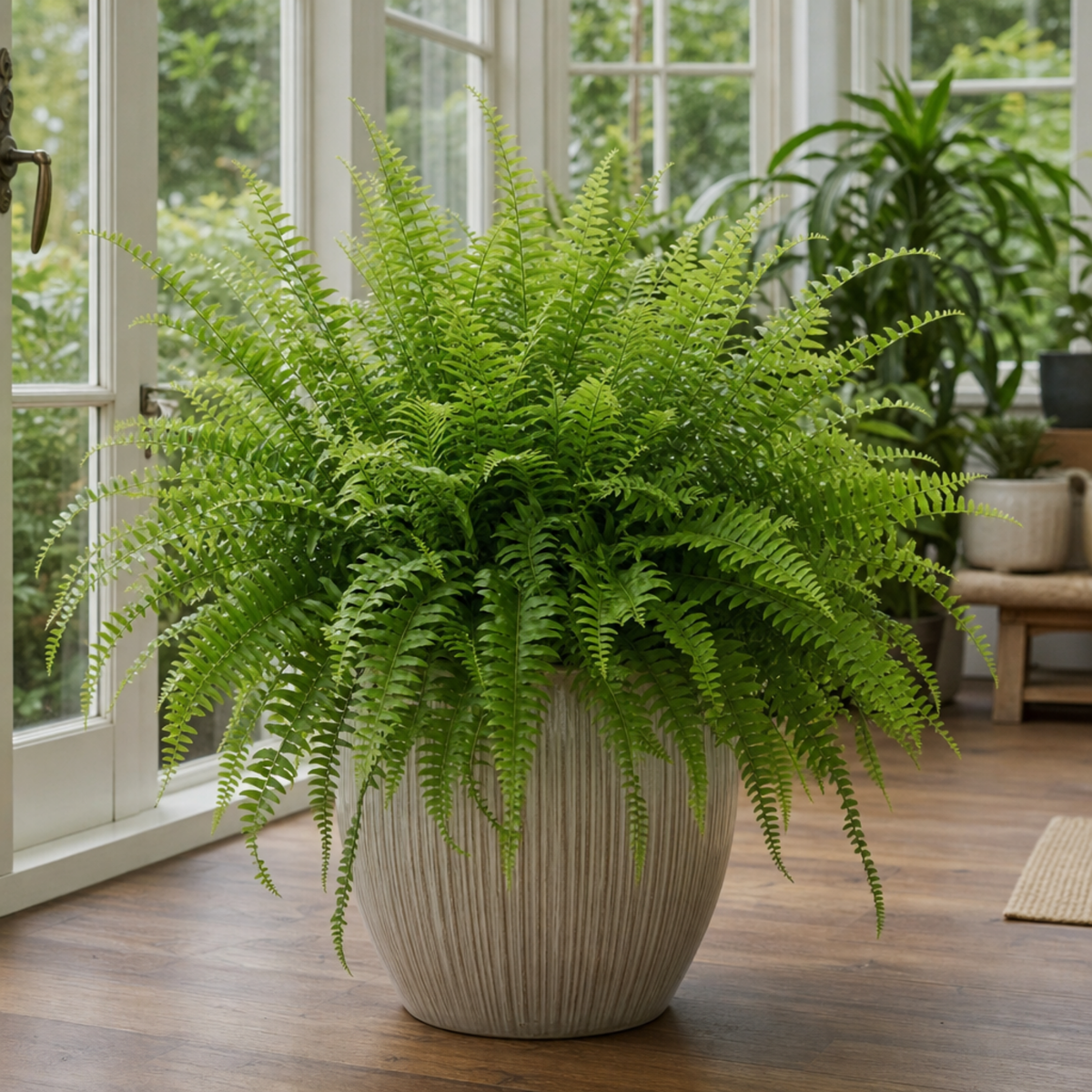 Boston Fern houseplant with lush green arching fronds.
