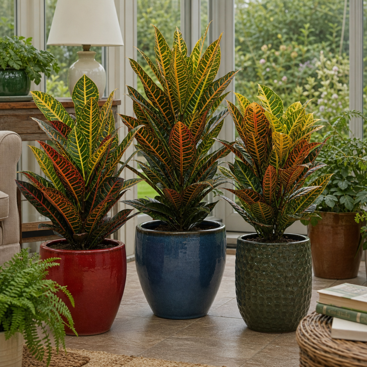 Croton 'Petra' houseplant with red, orange, yellow and green variegated leaves.