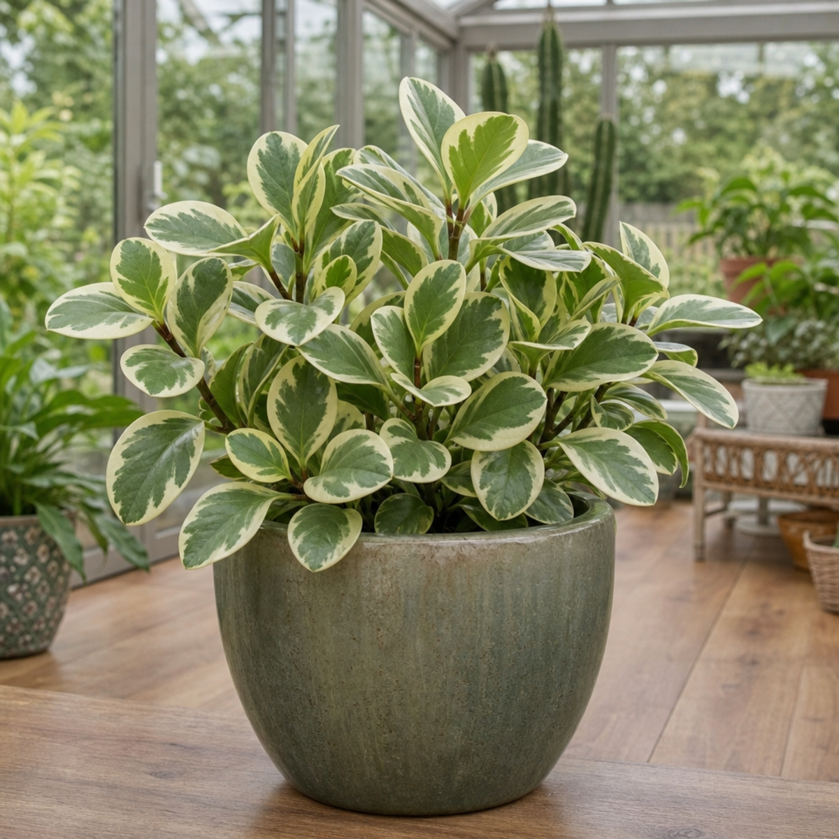 Variegated Peperomia radiator plant with cream and green leaves.