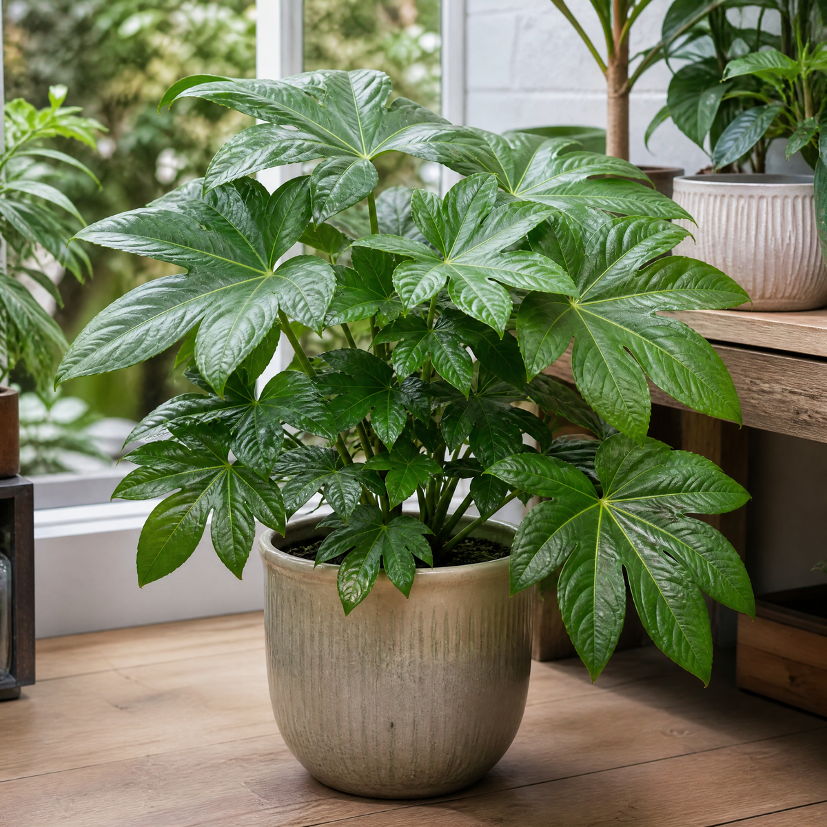 Fatsia japonica paper plant with large glossy green leaves.