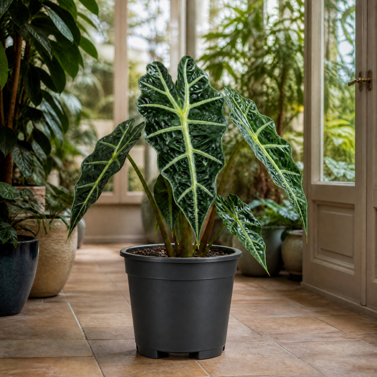 Alocasia Polly elephant's ear houseplant with dark green glossy leaves and pale veins.